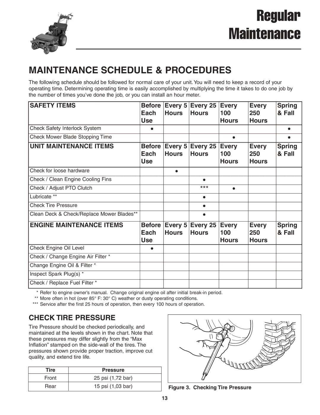 Snapper 13HP manual Check Tire Pressure, Before Every Spring Each Hours 100 250 Fall Use 