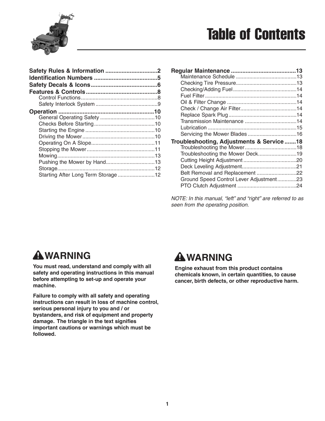 Snapper 13HP manual Table of Contents 