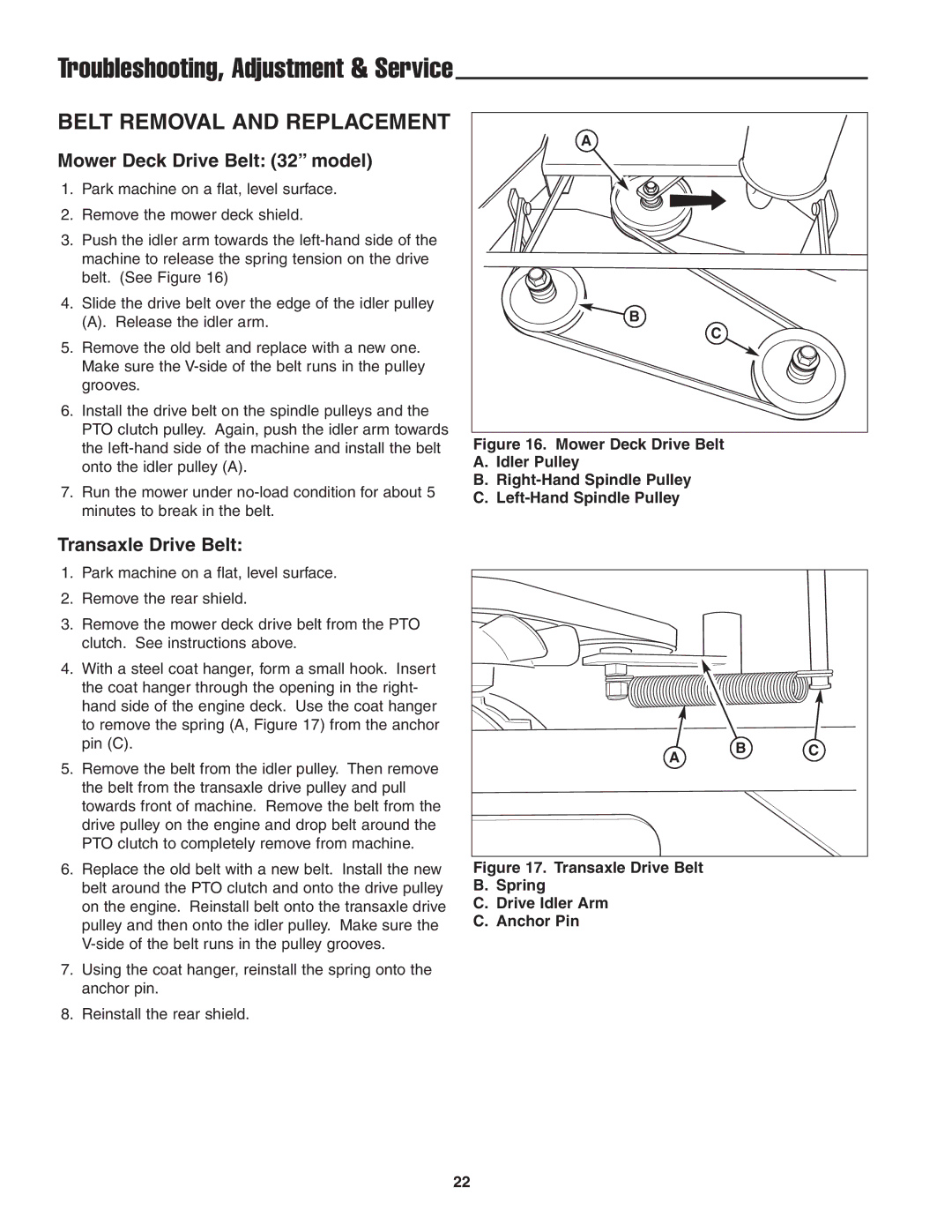 Snapper 13HP manual Belt Removal and Replacement, Mower Deck Drive Belt 32 model, Transaxle Drive Belt 