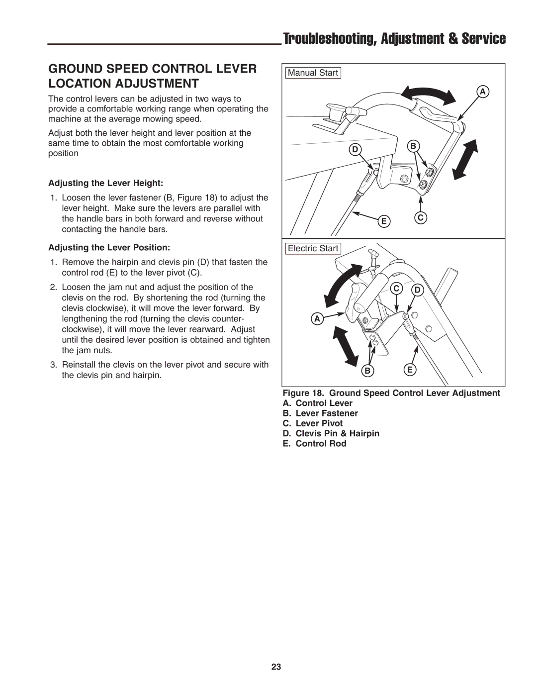 Snapper 13HP Ground Speed Control Lever Location Adjustment, Adjusting the Lever Height, Adjusting the Lever Position 