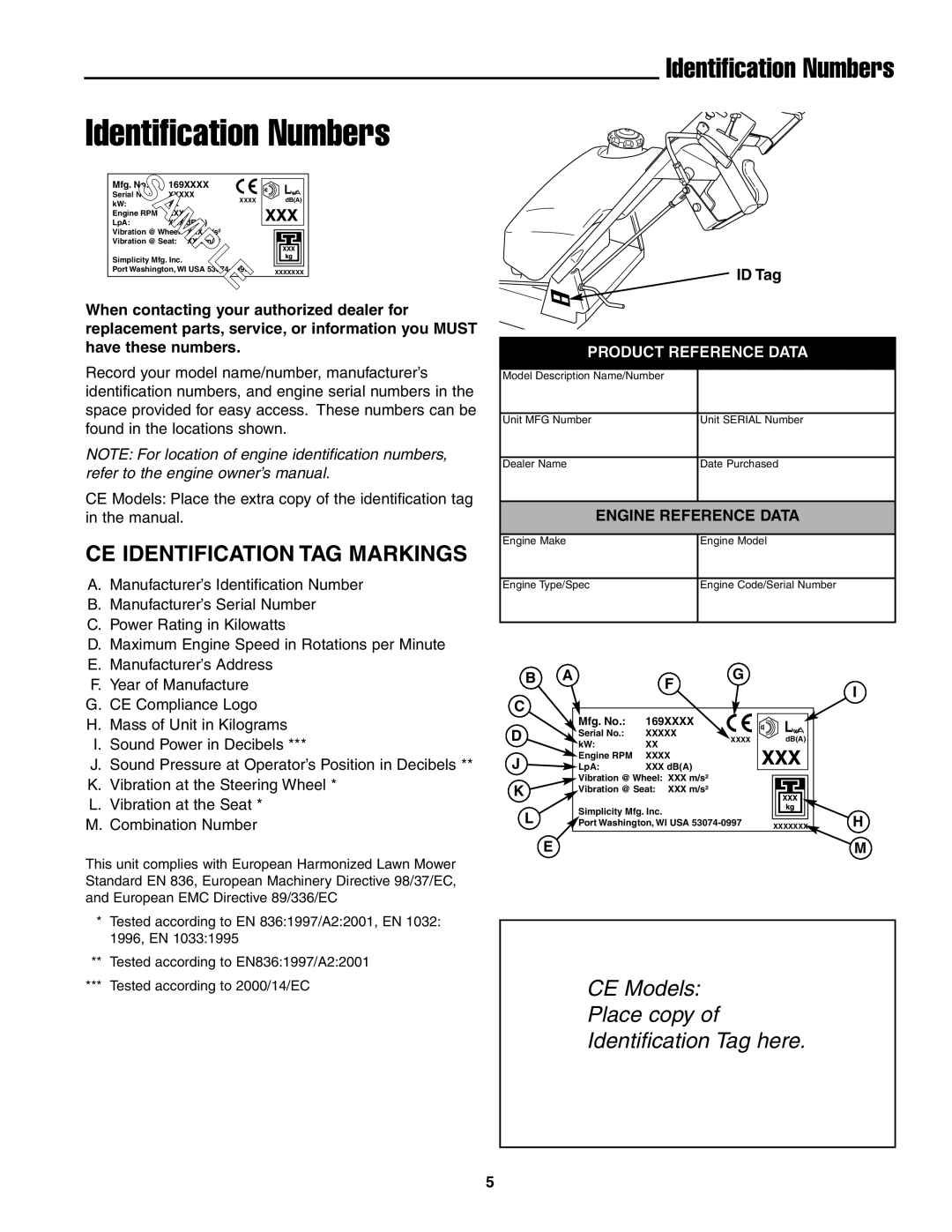 Snapper 13HP manual Identification Numbers, CE Identification TAG Markings, ID Tag 