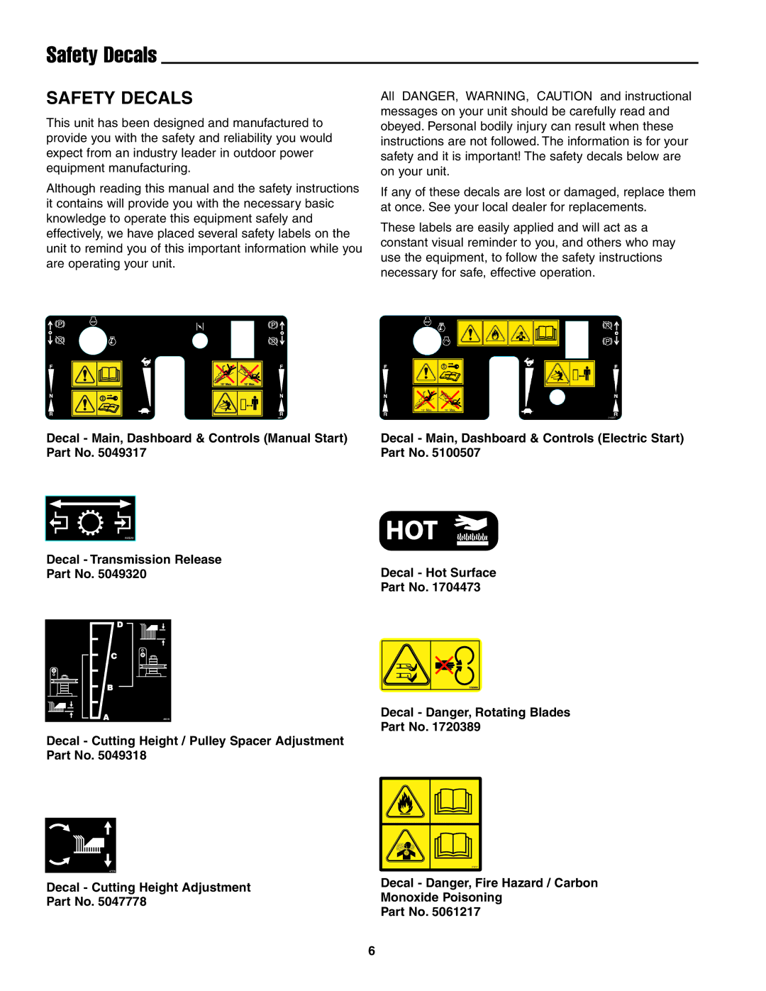 Snapper 13HP manual Safety Decals, Decal Cutting Height Adjustment, Monoxide Poisoning 