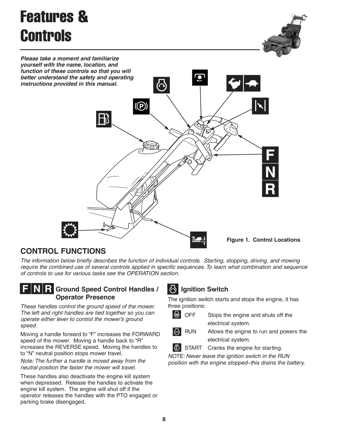 Snapper 13HP manual Control Functions, Ground Speed Control Handles / Operator Presence, Ignition Switch 