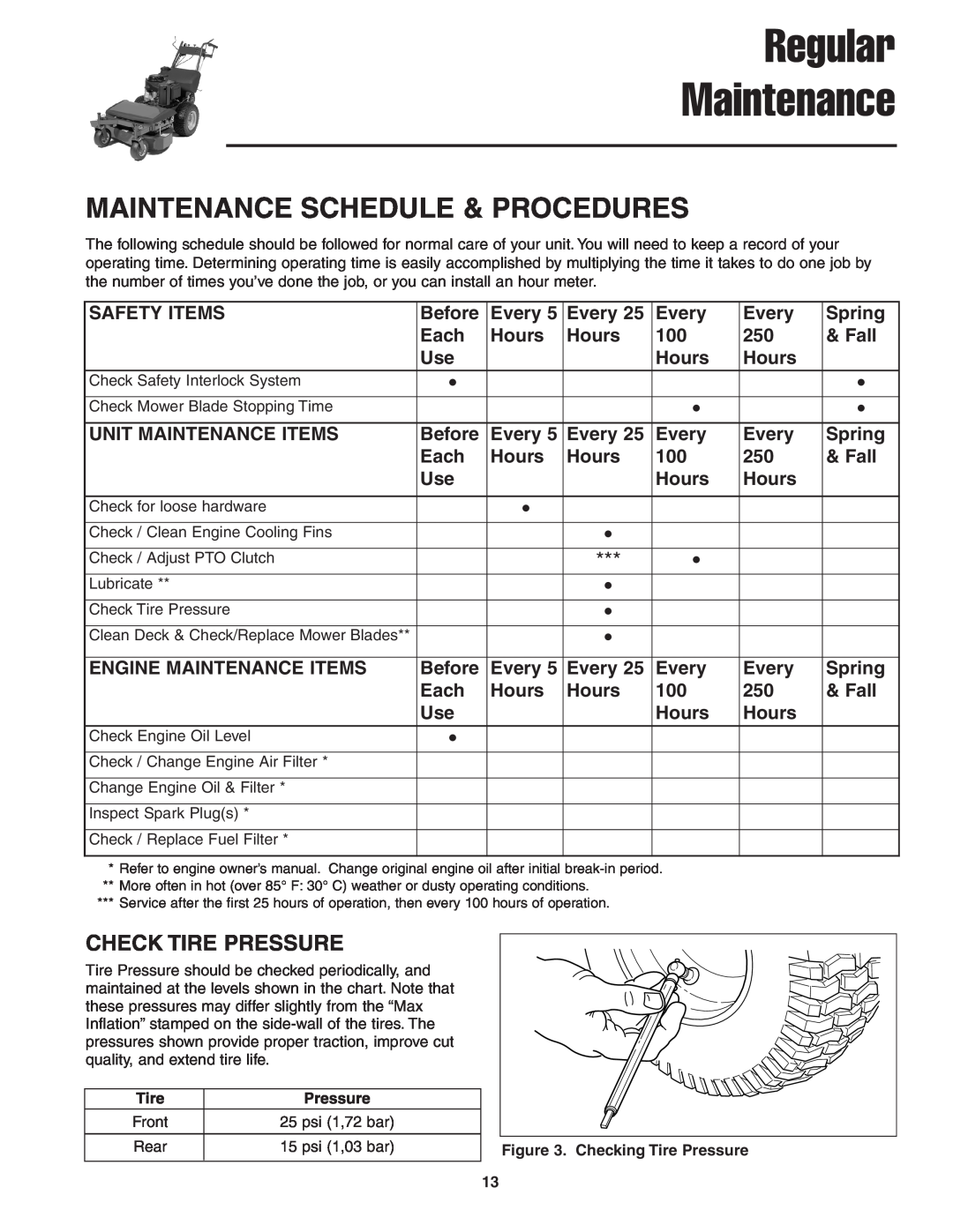 Snapper 13HP manual Regular Maintenance, Maintenance Schedule & Procedures, Check Tire Pressure 
