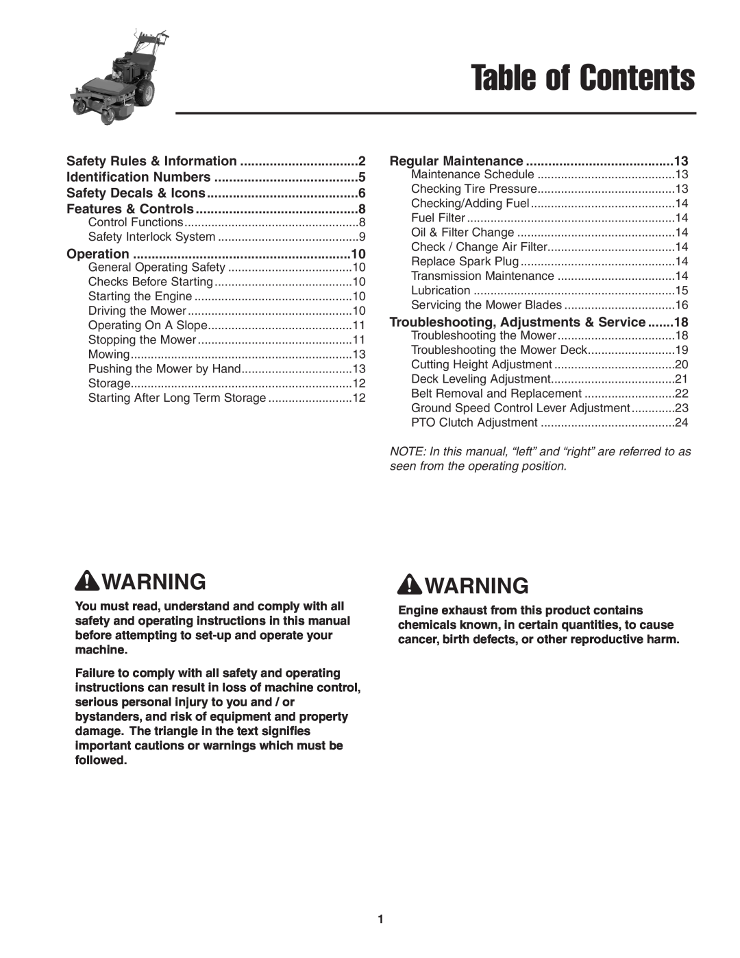 Snapper 13HP manual Table of Contents, Operation, Safety Decals & Icons, Regular Maintenance 
