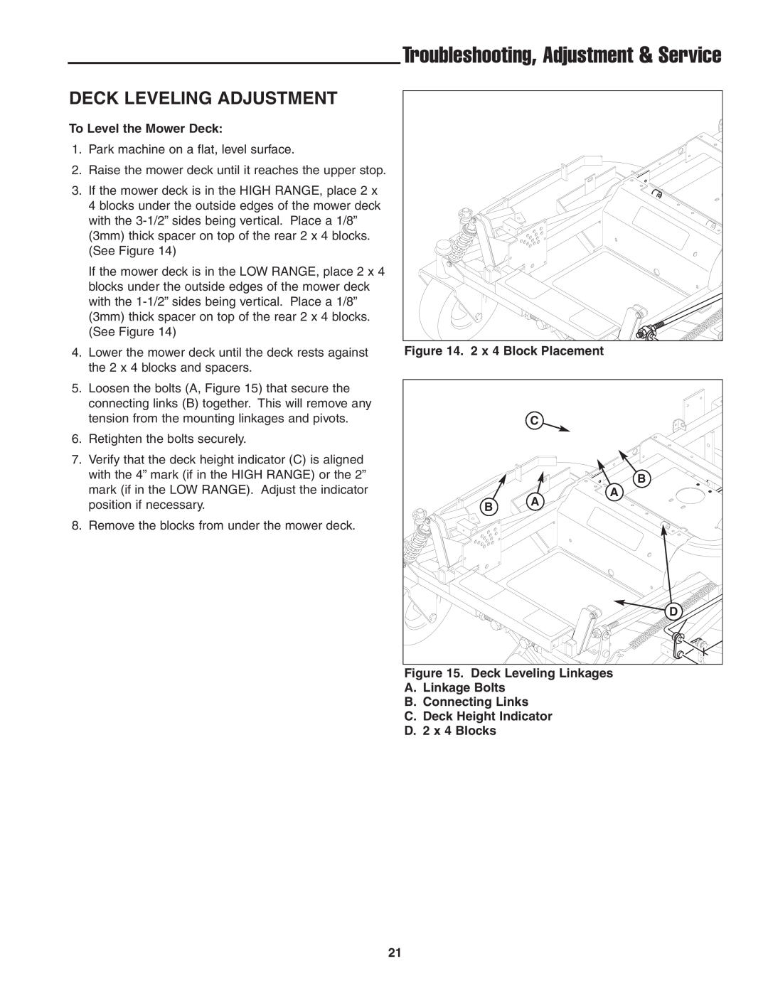 Snapper 13HP manual Deck Leveling Adjustment, Troubleshooting, Adjustment & Service 