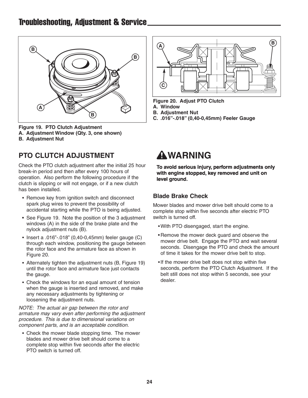 Snapper 13HP manual Pto Clutch Adjustment, Troubleshooting, Adjustment & Service, Blade Brake Check 