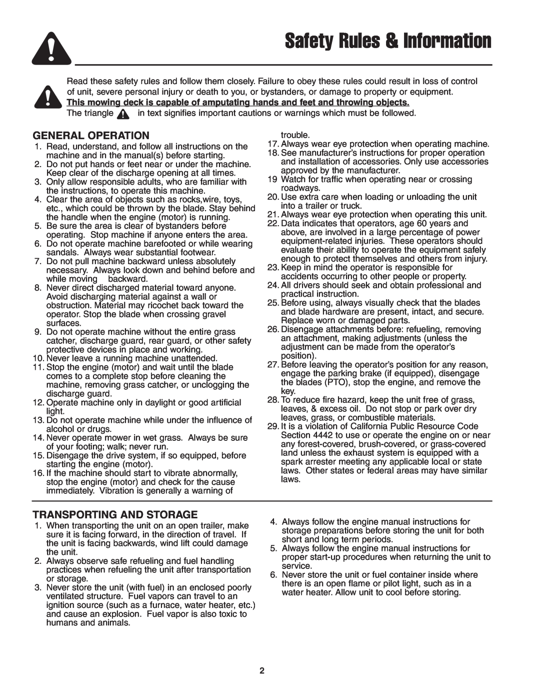 Snapper 13HP manual Safety Rules & Information, General Operation, Transporting And Storage 