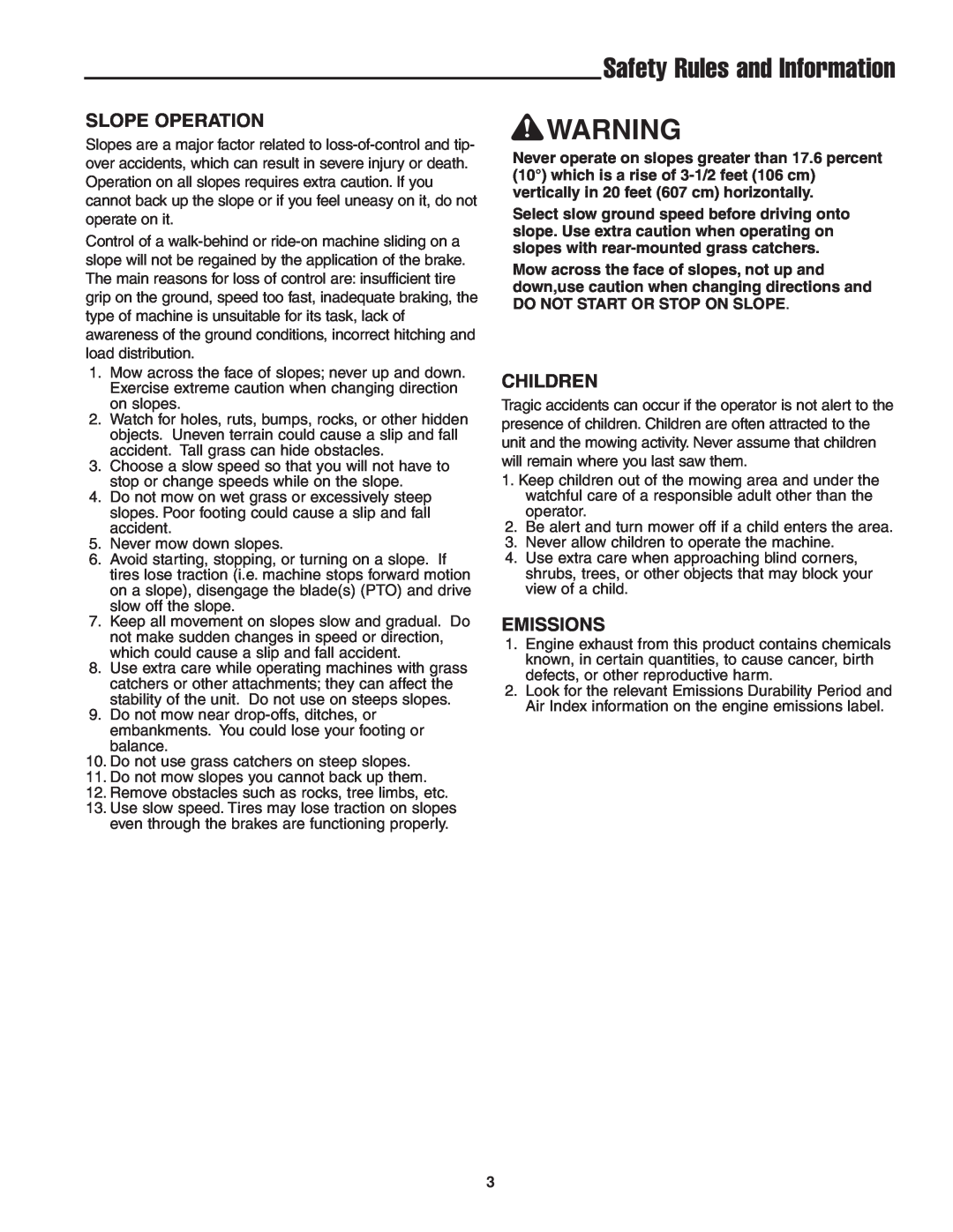 Snapper 13HP manual Safety Rules and Information, Slope Operation, Children, Emissions 