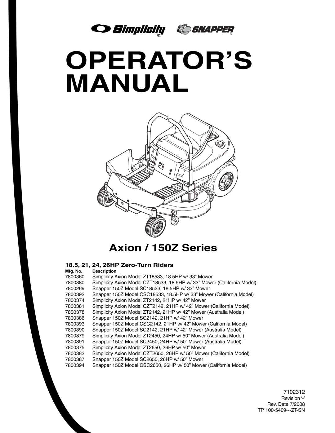 Snapper 150Z Series manual OPERATOR’S Manual, 18.5, 21, 24, 26HP Zero-Turn Riders 