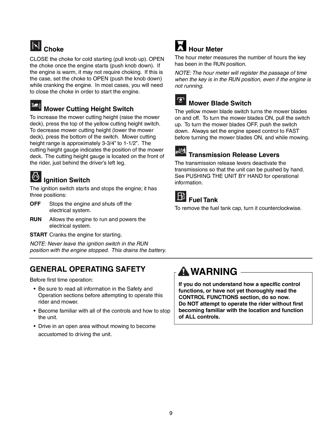 Snapper 150Z Series manual General Operating Safety 