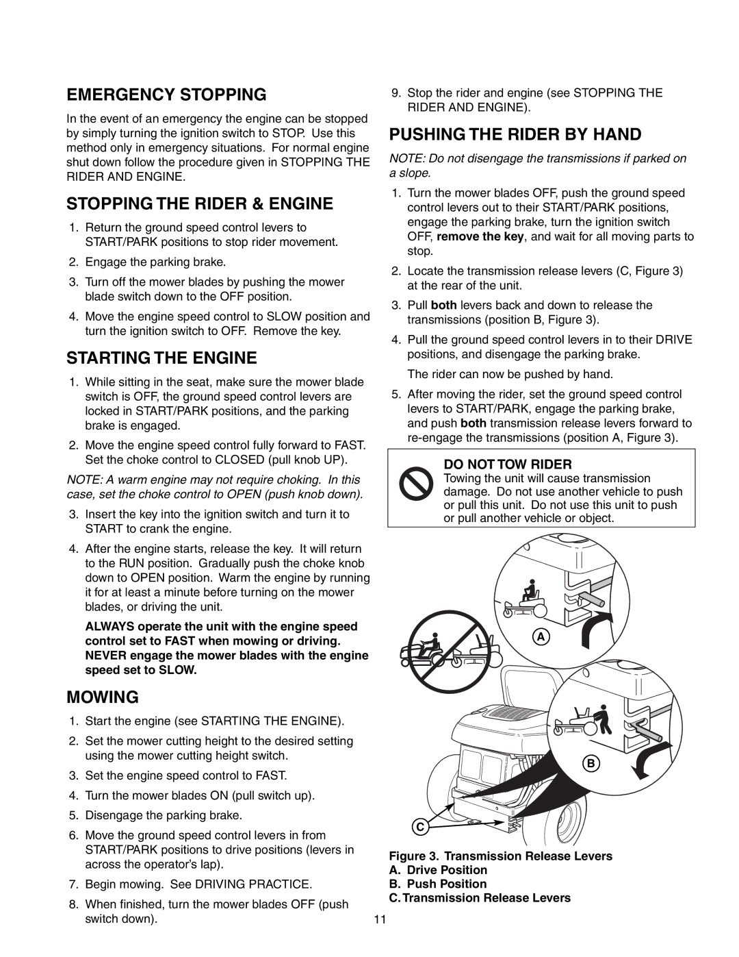 Snapper 150Z Series manual Emergency Stopping, Stopping the Rider & Engine, Starting the Engine, Pushing the Rider by Hand 