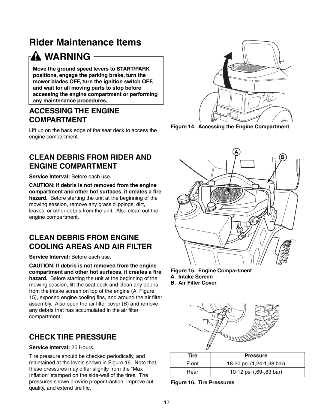 Snapper 150Z Series Accessing the Engine Compartment, Clean Debris from Rider Engine Compartment, Check Tire Pressure 