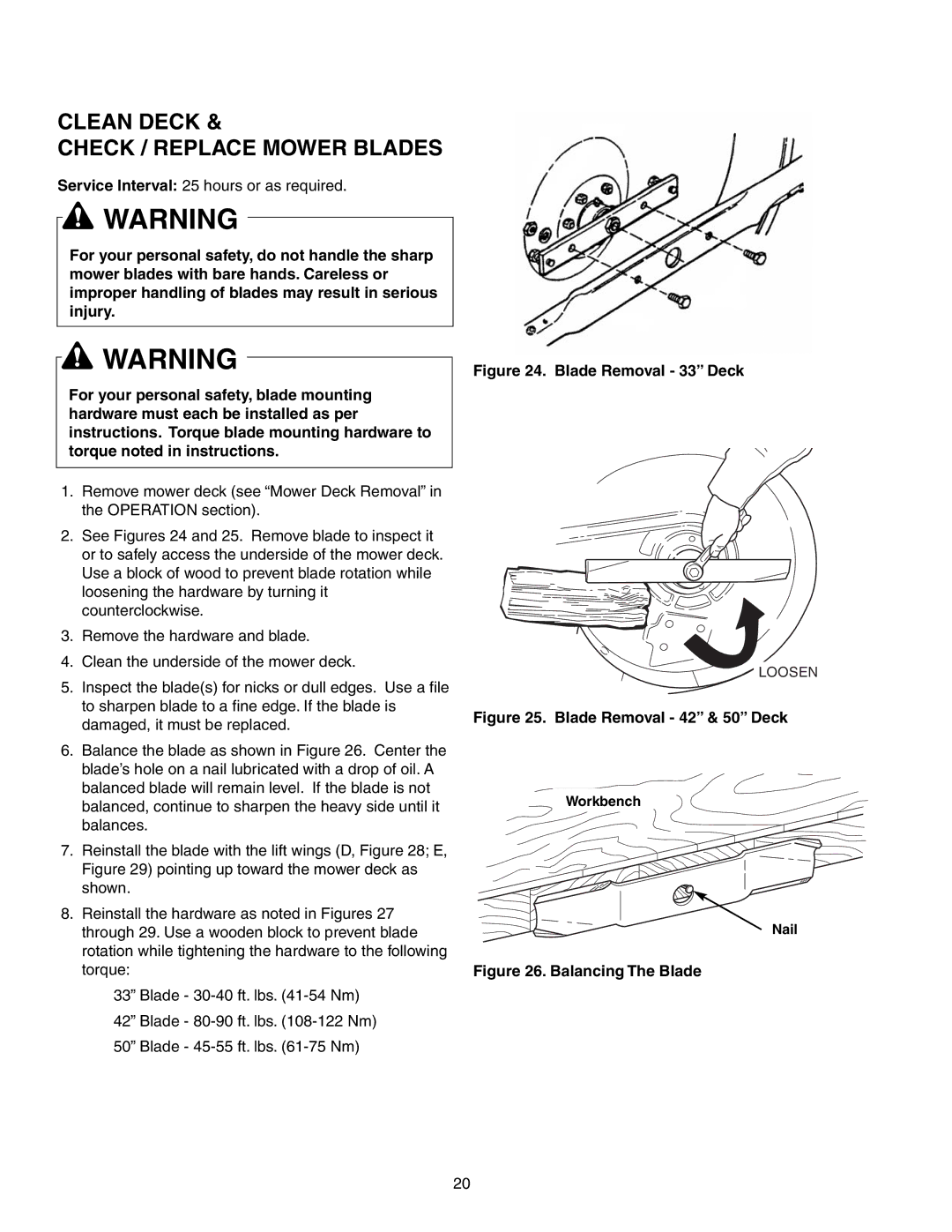 Snapper 150Z Series manual Clean Deck Check / Replace Mower Blades, Blade Removal 33 Deck 