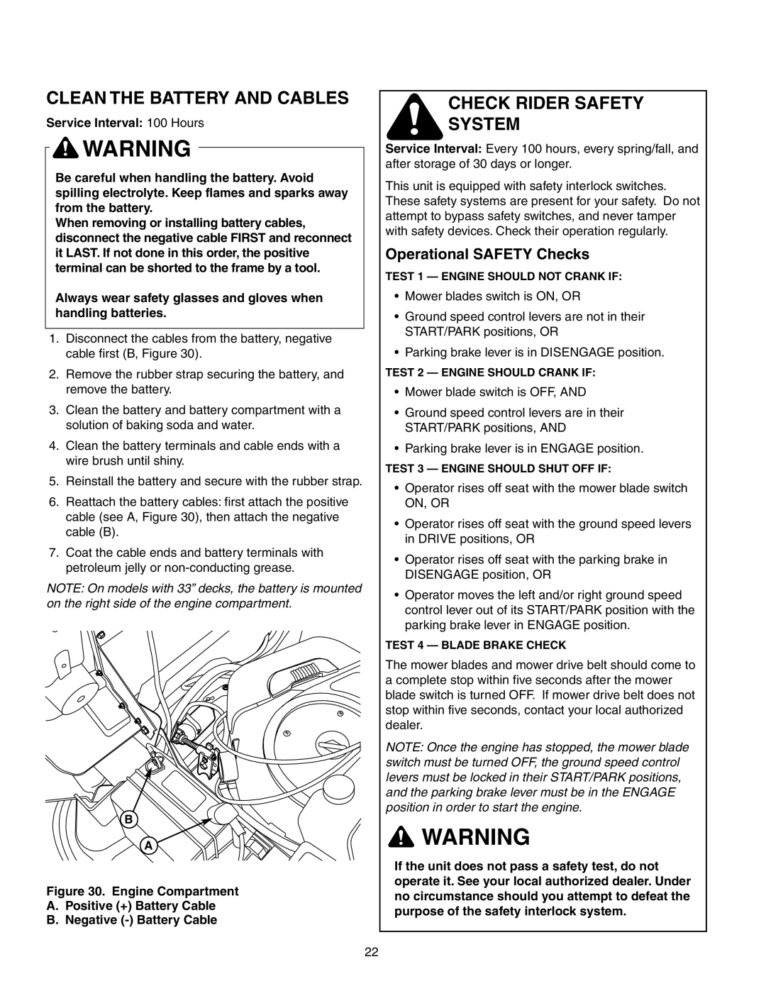 Snapper 150Z Series manual Clean the Battery and Cables, Check Rider Safety System, Operational Safety Checks 