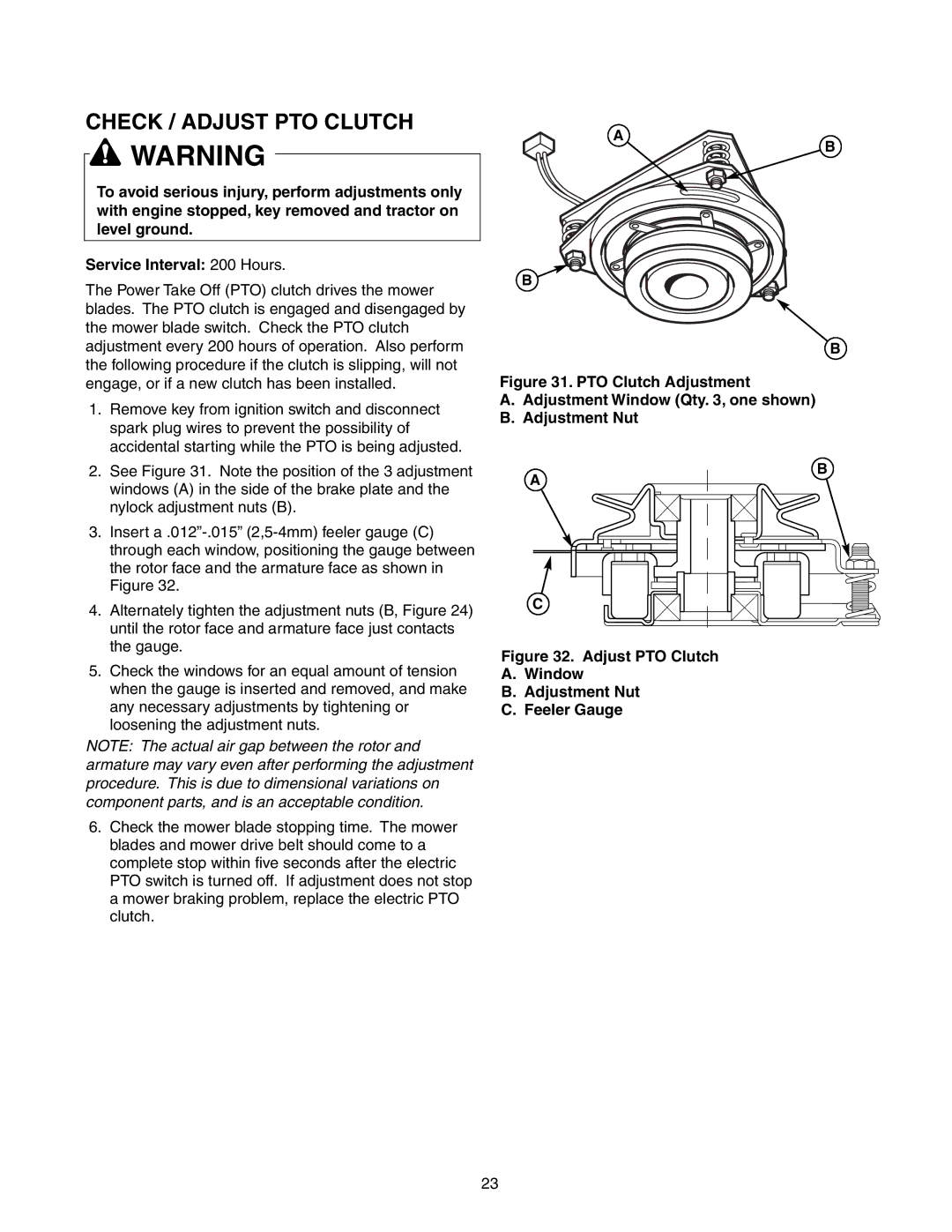 Snapper 150Z Series manual Check / Adjust PTO Clutch, Adjust PTO Clutch Window Adjustment Nut Feeler Gauge 