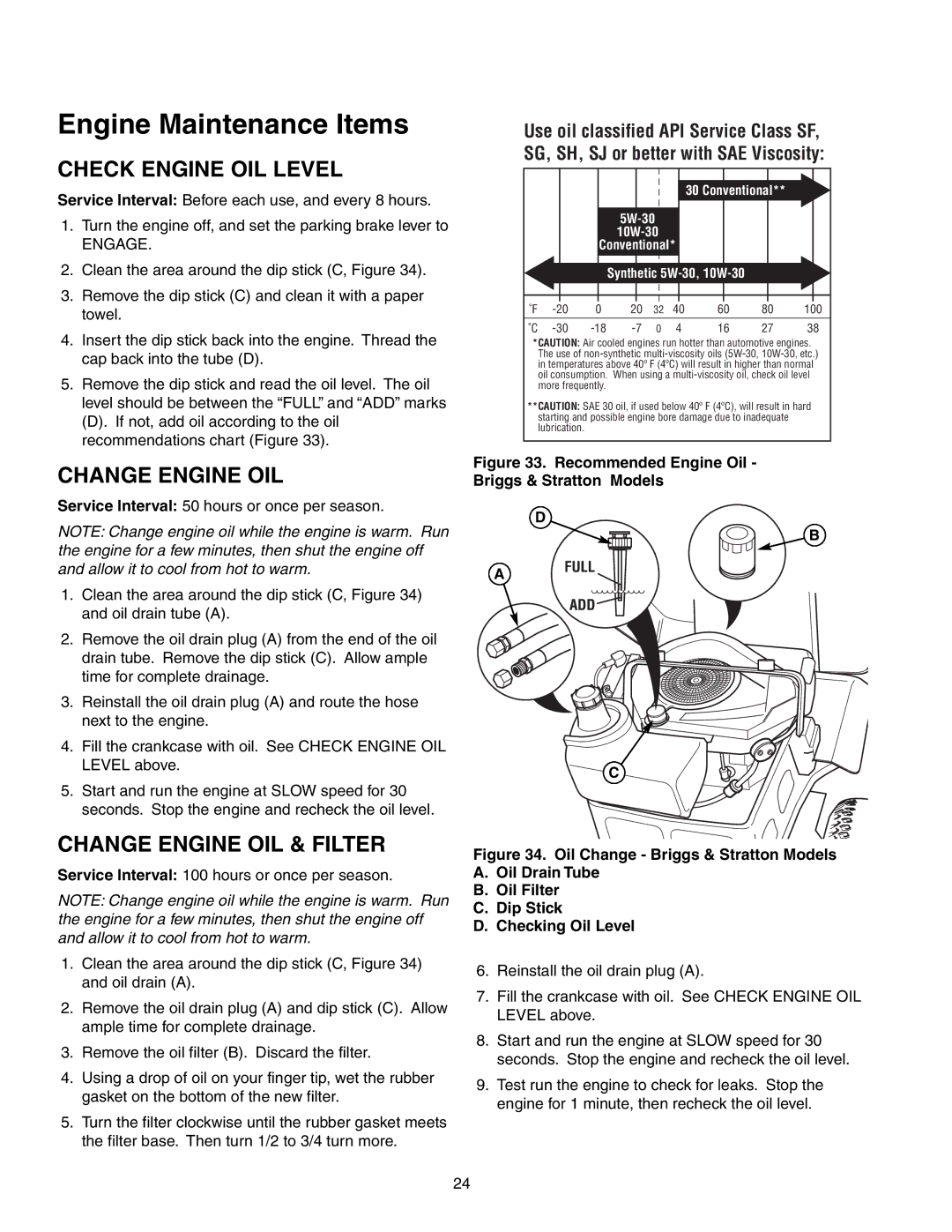 Snapper 150Z Series manual Check Engine OIL Level, Change Engine OIL & Filter 