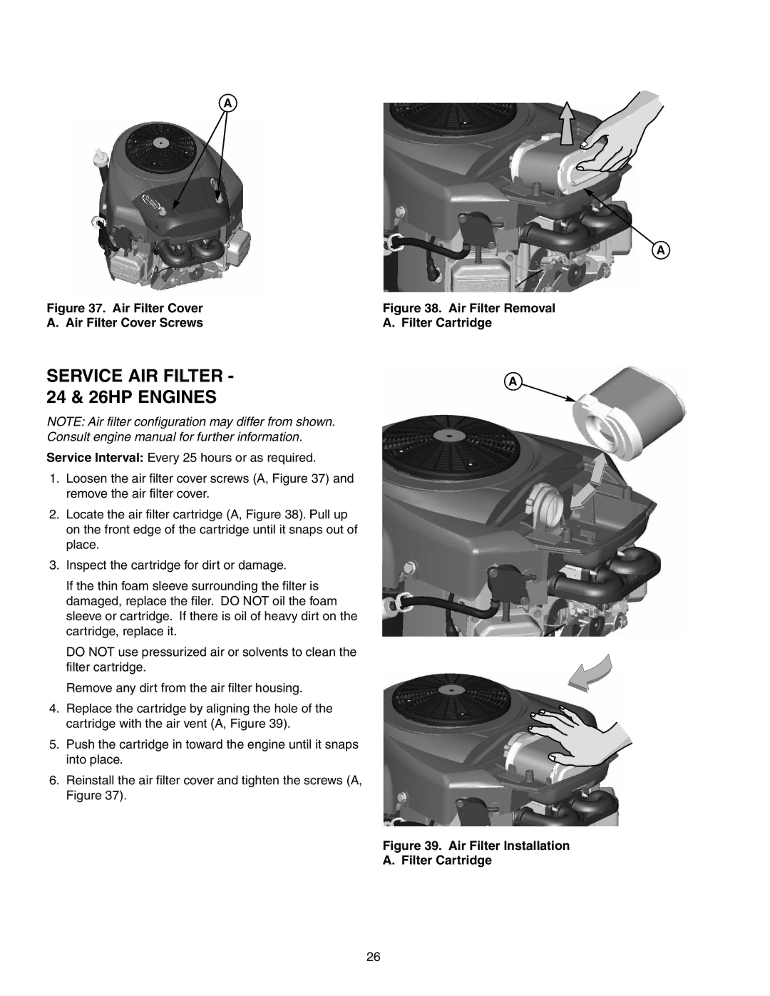 Snapper 150Z Series manual Service AIR Filter 24 & 26HP Engines, Air Filter Cover Air Filter Cover Screws 