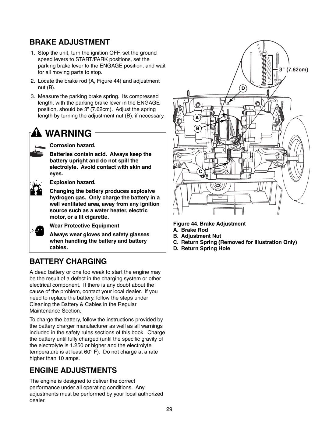 Snapper 150Z Series manual Brake Adjustment, Battery Charging, Engine Adjustments, 62cm 