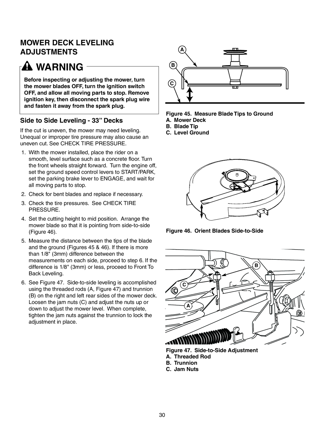 Snapper 150Z Series manual Mower Deck Leveling Adjustments, Side to Side Leveling 33 Decks 