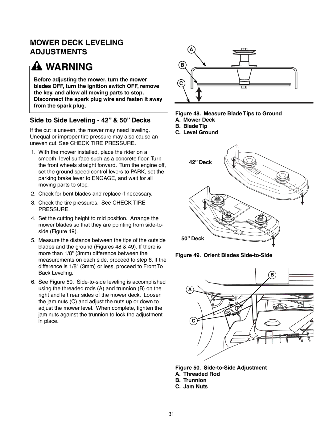 Snapper 150Z Series manual Side to Side Leveling 42 & 50 Decks 