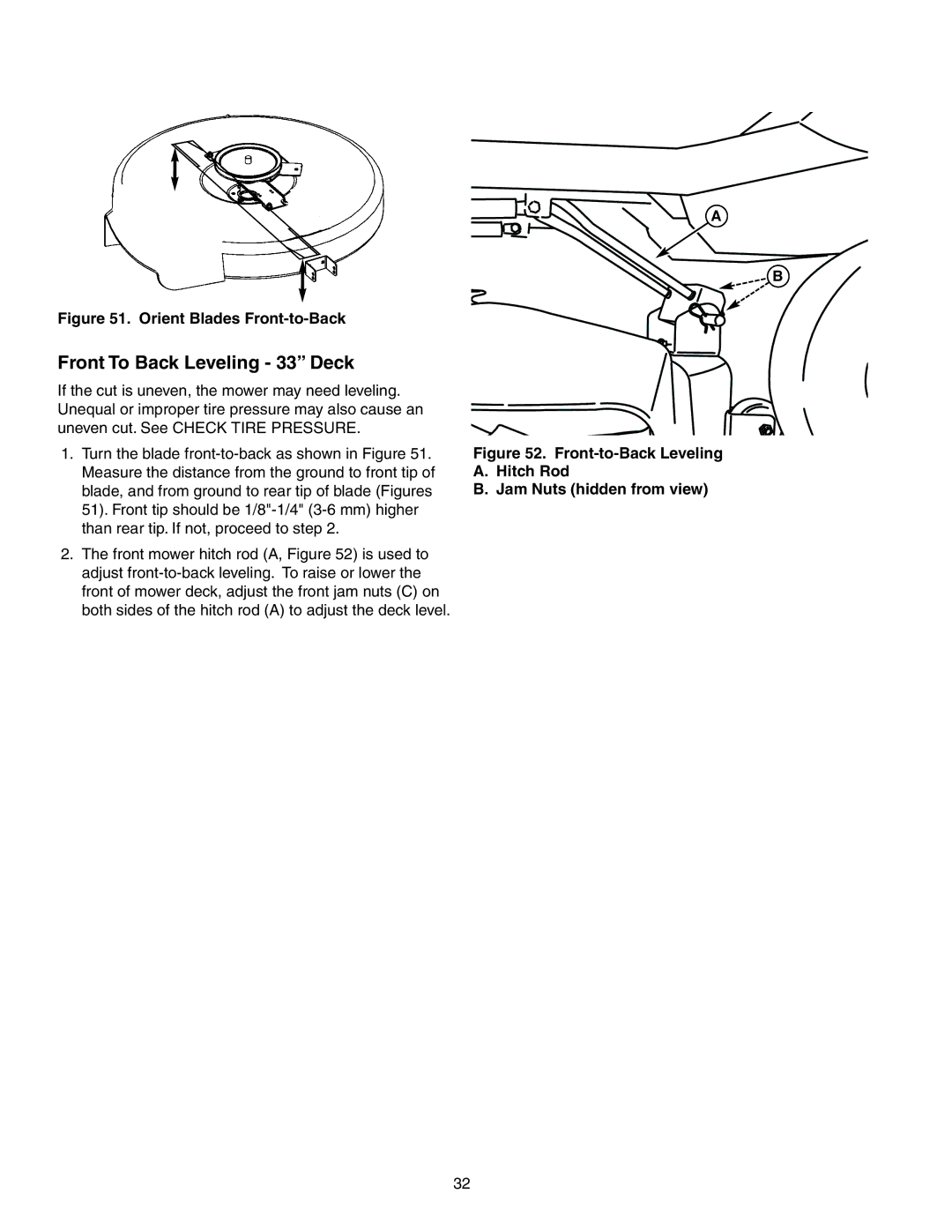 Snapper 150Z Series manual Front To Back Leveling 33 Deck, Orient Blades Front-to-Back 