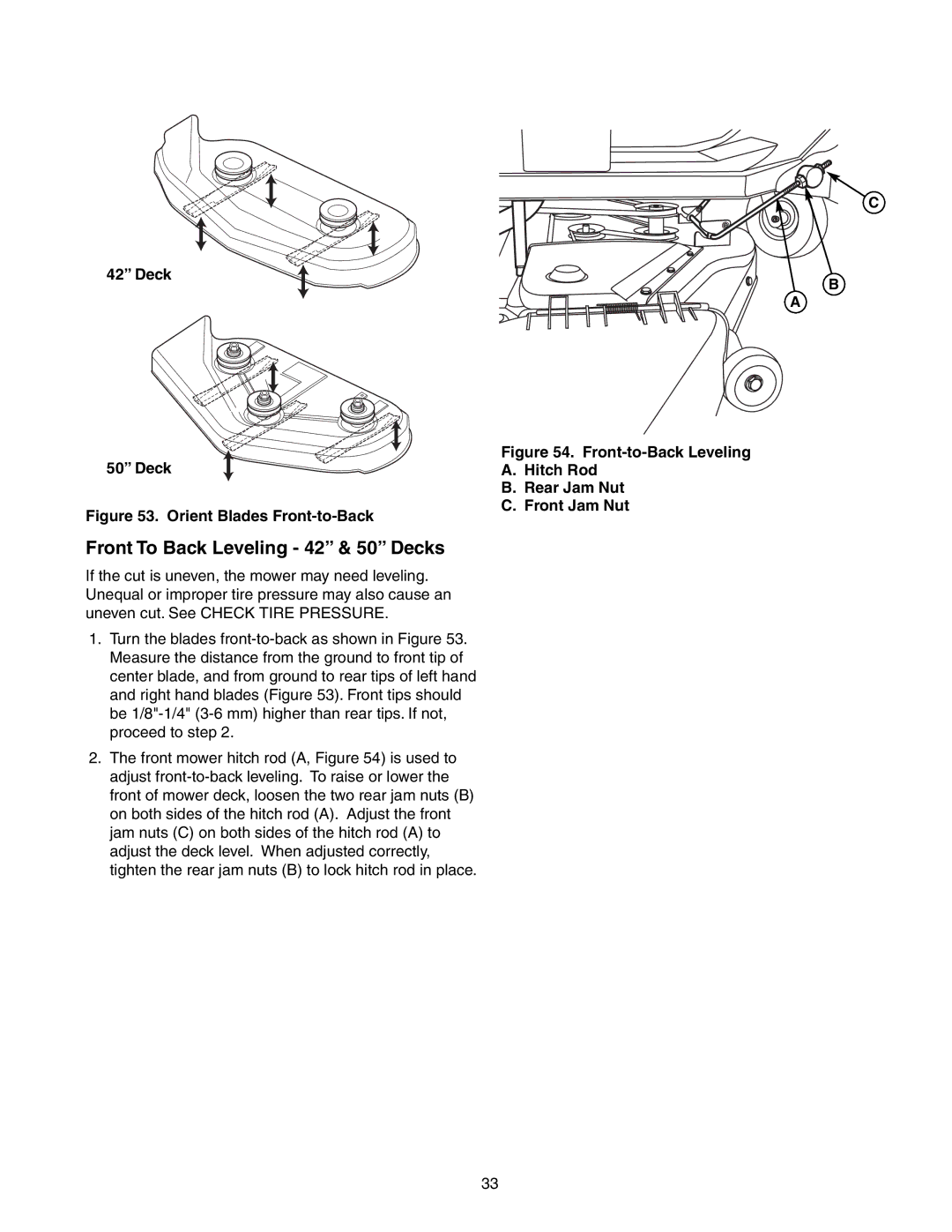 Snapper 150Z Series manual Front To Back Leveling 42 & 50 Decks 