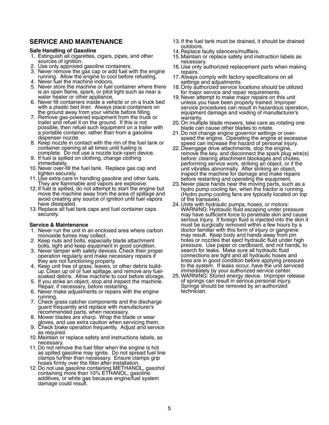 Snapper 150Z Series manual Safe Handling of Gasoline, Service & Maintenance 