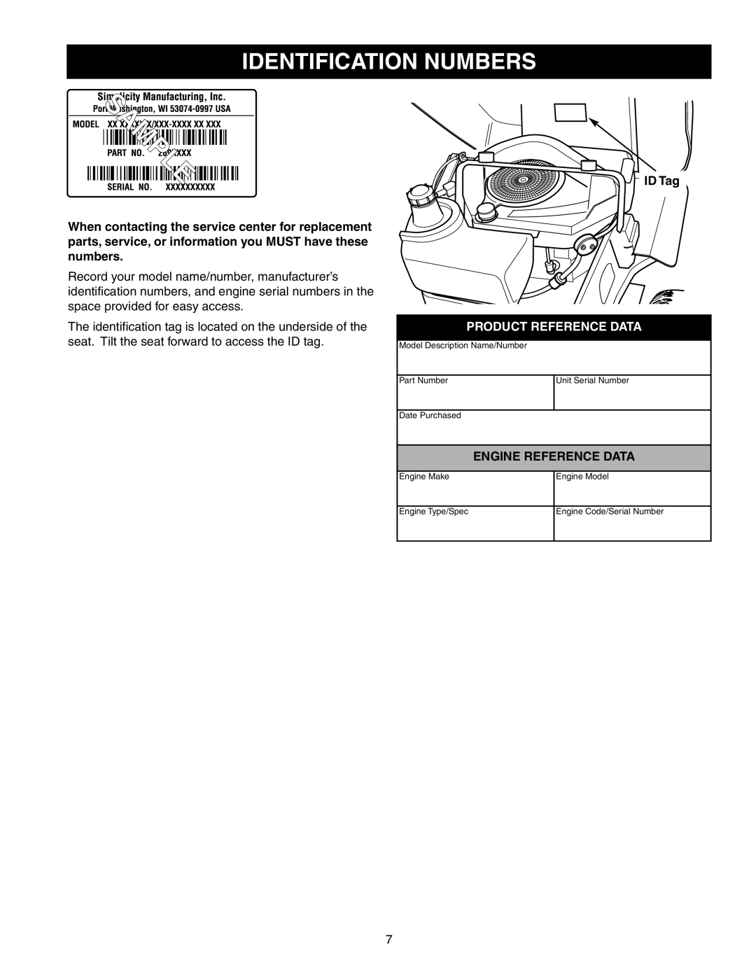 Snapper 150Z Series manual Identification Numbers, ID Tag 