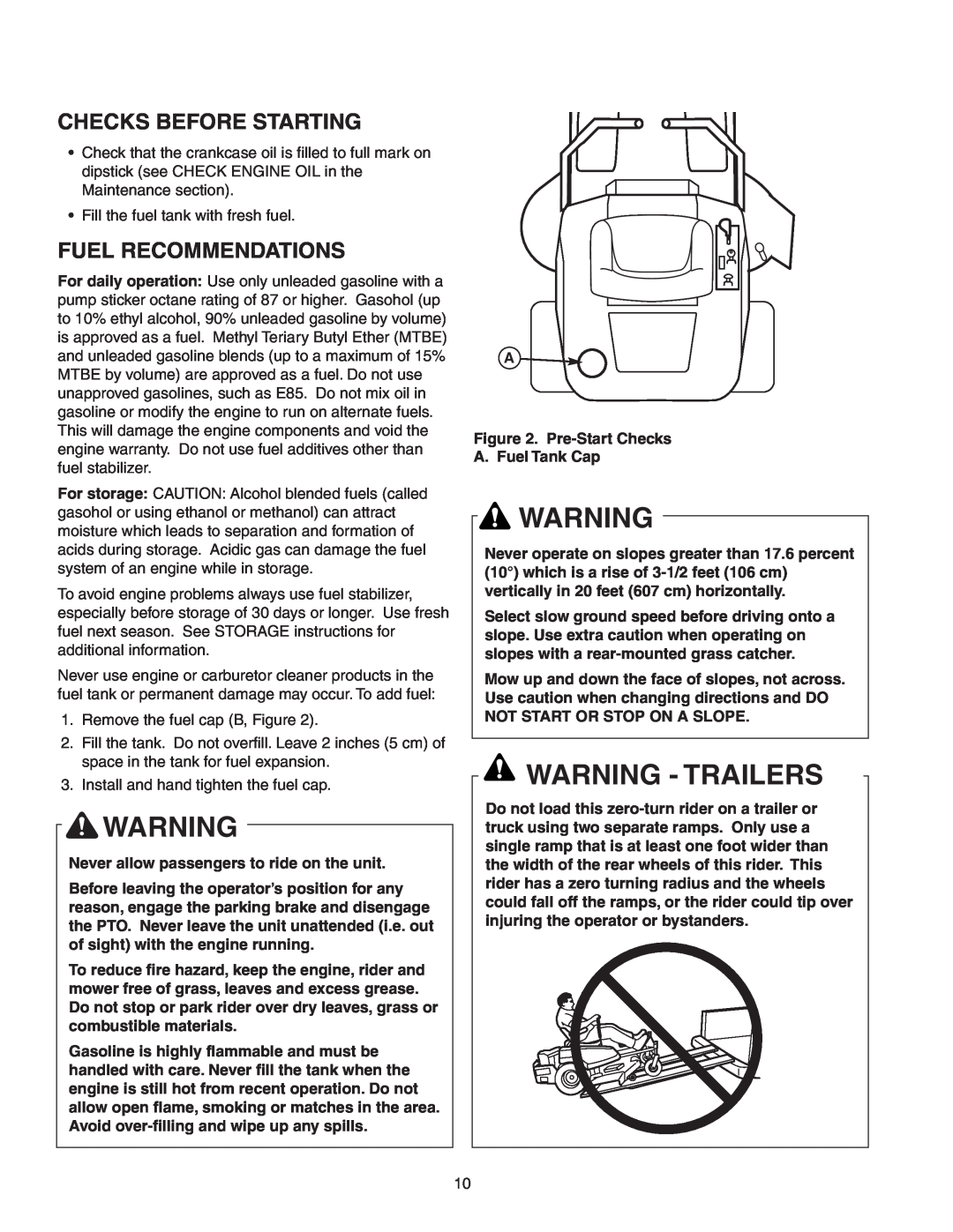 Snapper 150Z ZTR Series manual Warning - Trailers, Checks Before Starting, Fuel Recommendations 