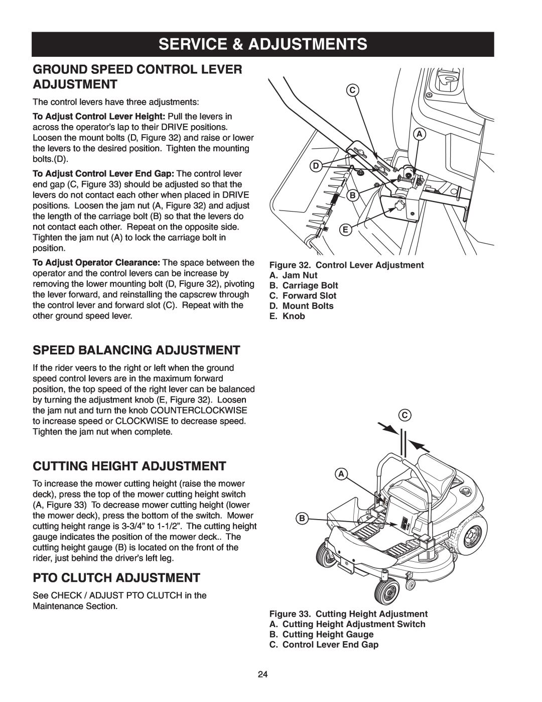 Snapper 150Z ZTR Series manual Service & Adjustments, Ground Speed Control Lever Adjustment, Speed Balancing Adjustment 