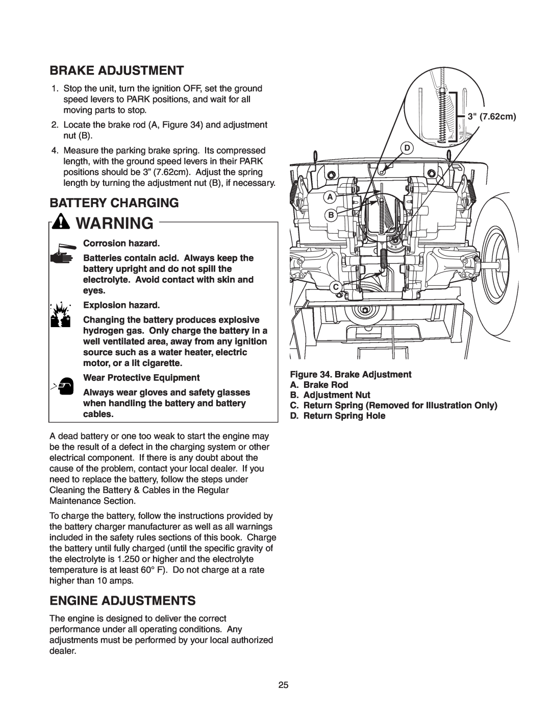 Snapper 150Z ZTR Series manual Brake Adjustment, Battery Charging, Engine Adjustments, Corrosion hazard, Explosion hazard 