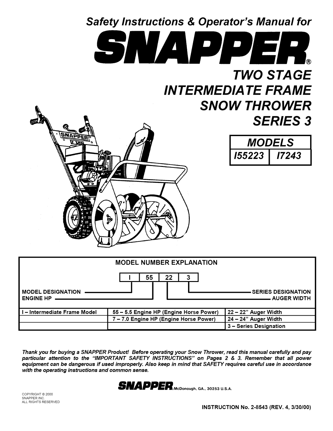 Snapper 155223 important safety instructions Two Stage Intermediate Frame Snow Thrower Series, Models, I Iss122131 