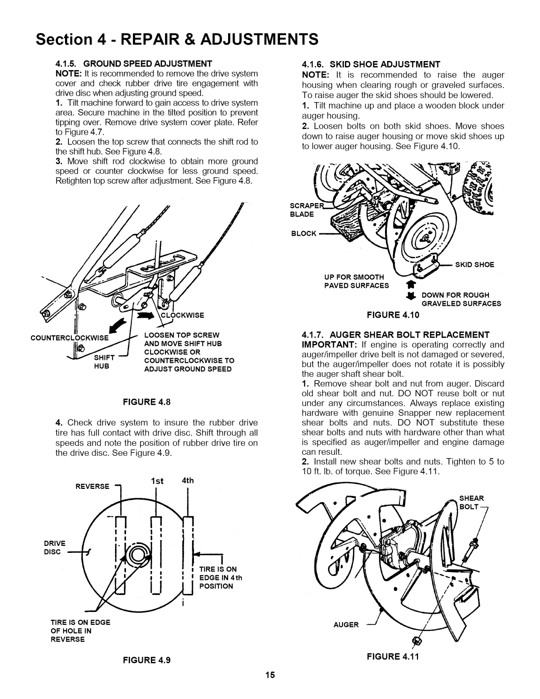 Snapper 155223 important safety instructions Repair & Adjustments, Ground Speed Adjustment, 1st 4th, Skid Shoe Adjustment 