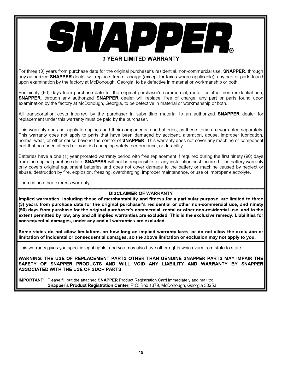 Snapper 155223 important safety instructions Year Limited Warranty 