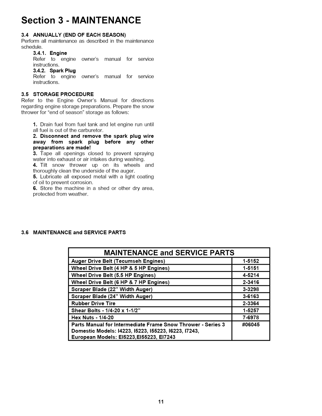 Snapper 155223 important safety instructions Maintenance, Storage Procedure 