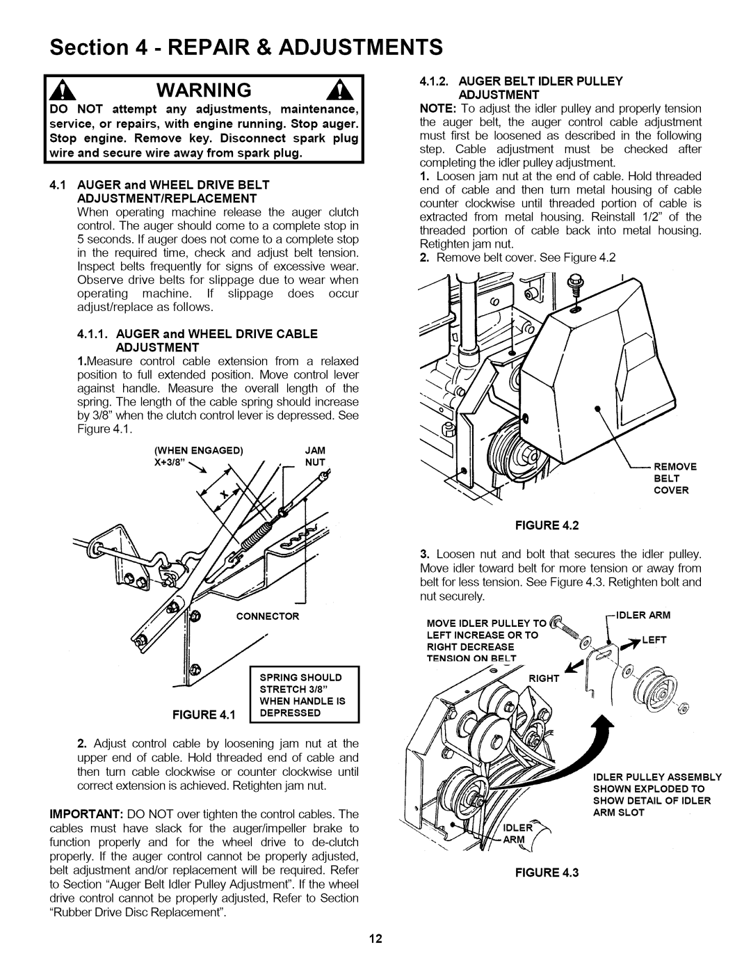 Snapper 155223 important safety instructions Adjustment/Replacement, Adjustment Auger Belt Idler Pulley Adjustment 