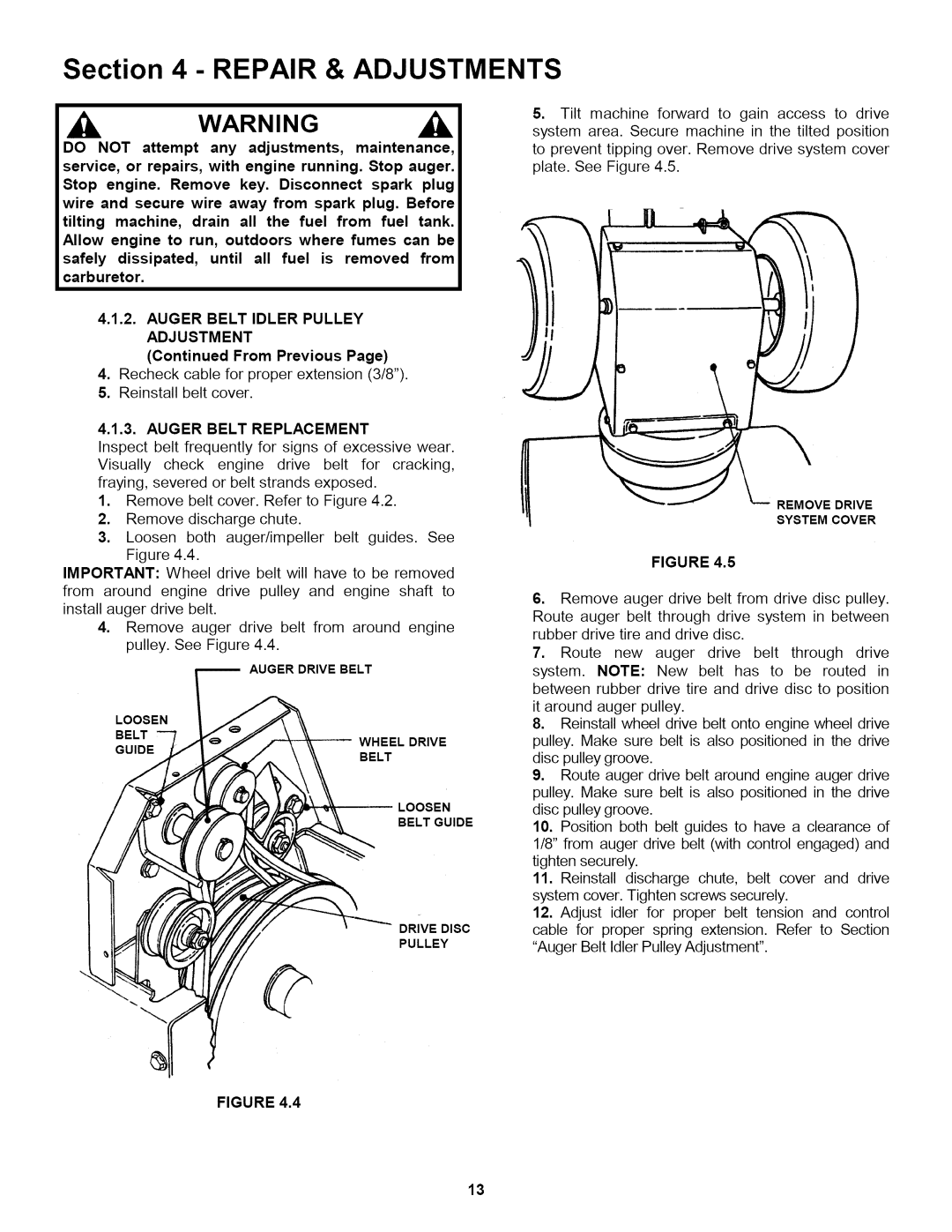 Snapper 155223 important safety instructions Do not, Auger Belt Replacement 