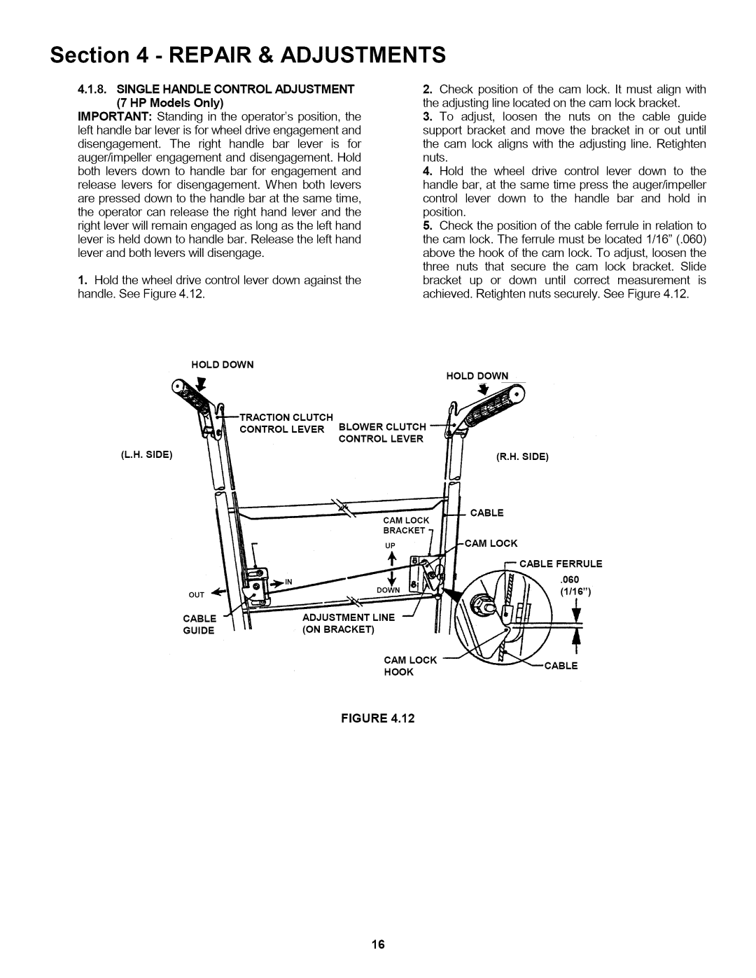 Snapper 155223 important safety instructions Single Handle Control Adjustment, HP Models Only 