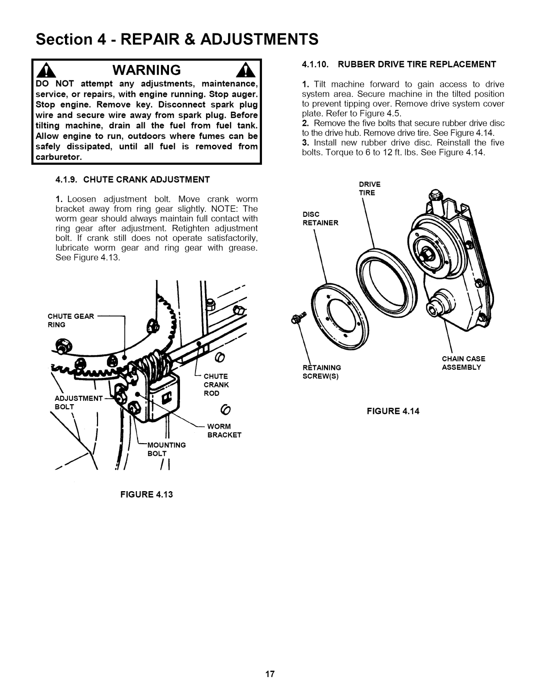 Snapper 155223 important safety instructions Chute Crank Adjustment, Rubber Drive Tire Replacement 