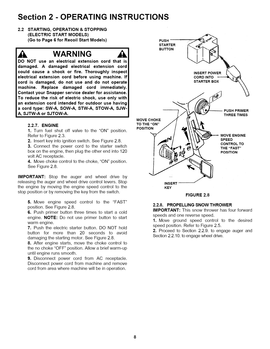 Snapper 155223 important safety instructions STARTING, Operation & Stopping Electric Start Models 