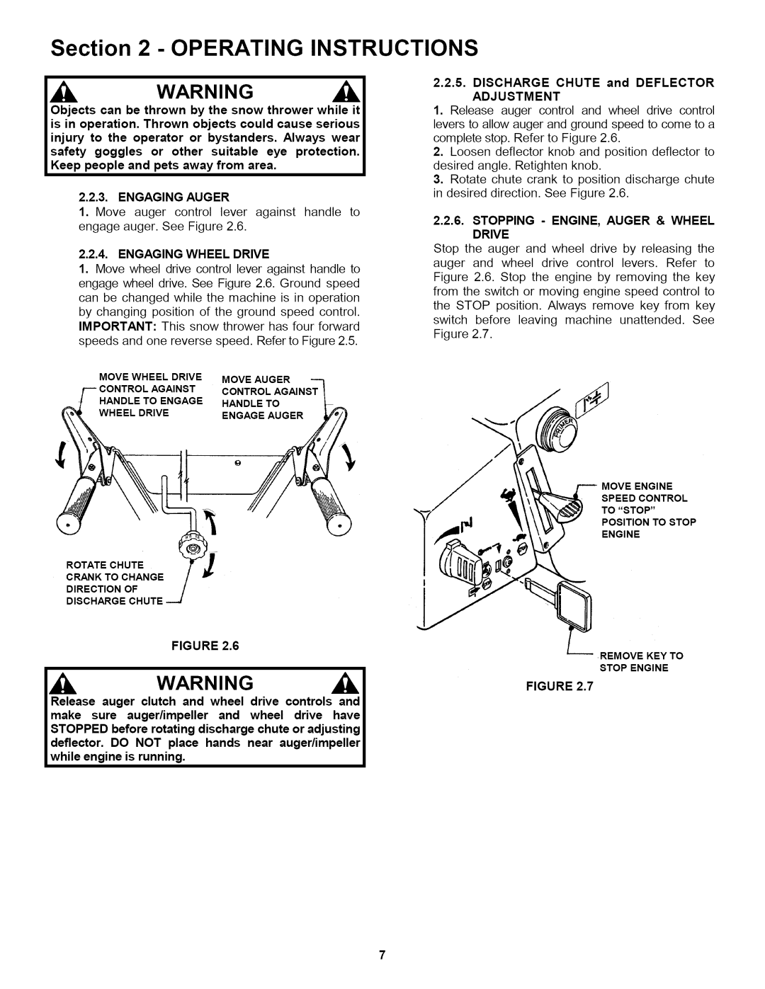 Snapper 155223 Engaging Auger, Engaging Wheel Drive, Adjustment, Stopping ENGINE, Auger & Wheel Drive 