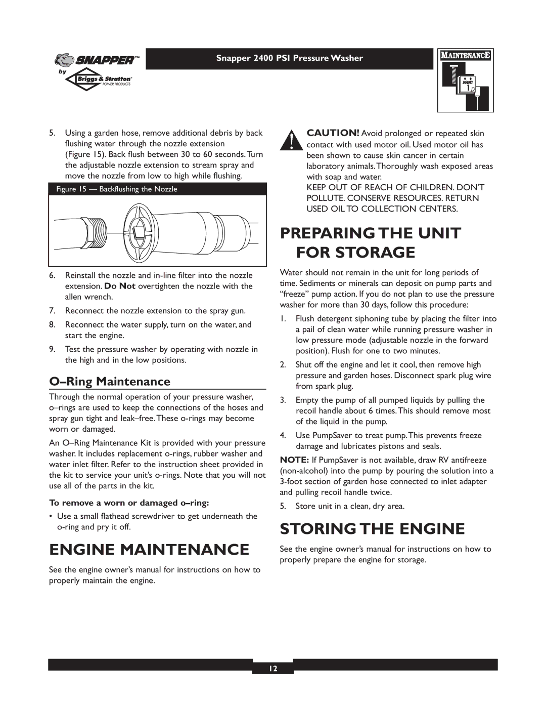 Snapper 1660-0 owner manual Preparing the Unit for Storage, Engine Maintenance, Storing the Engine, Ring Maintenance 