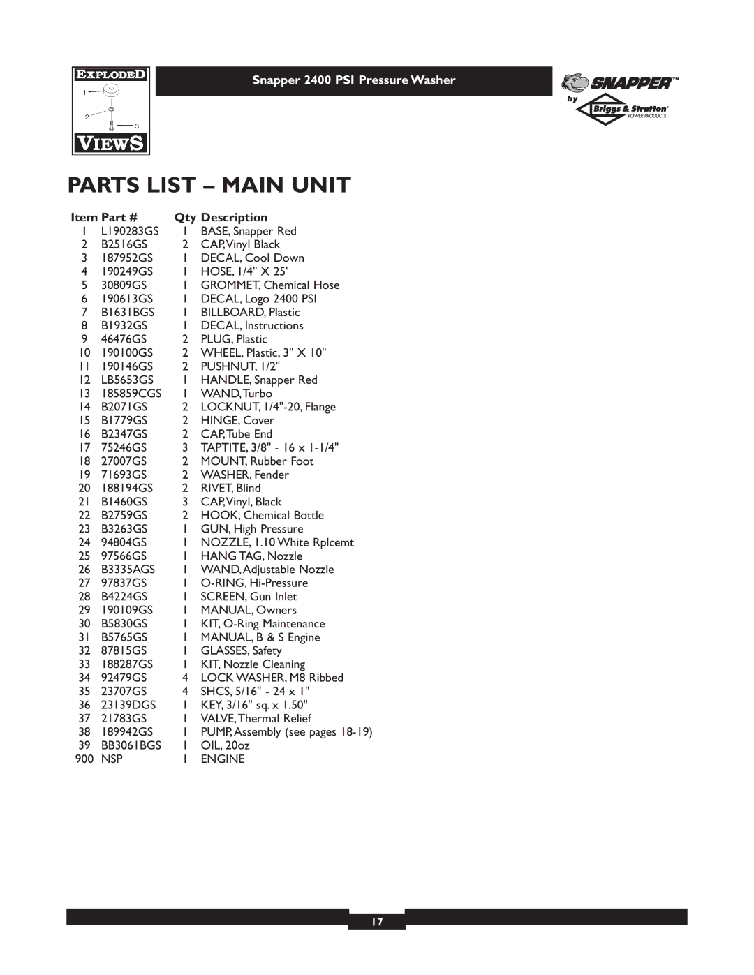 Snapper 1660-0 owner manual Parts List Main Unit, Qty Description 