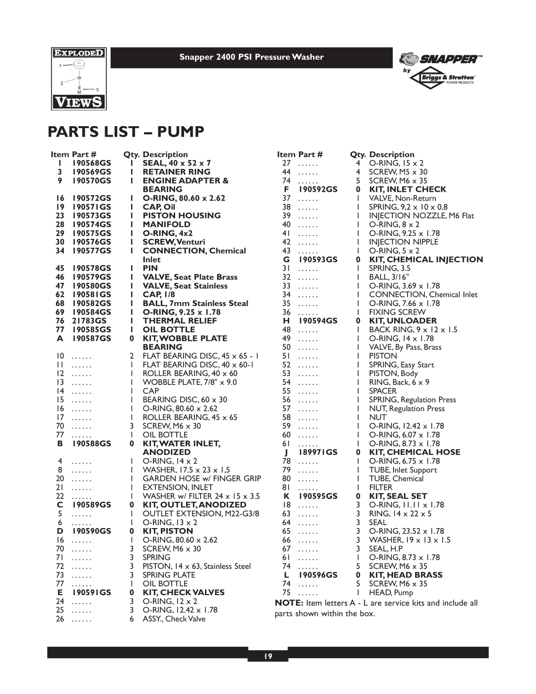 Snapper 1660-0 owner manual Parts List Pump 