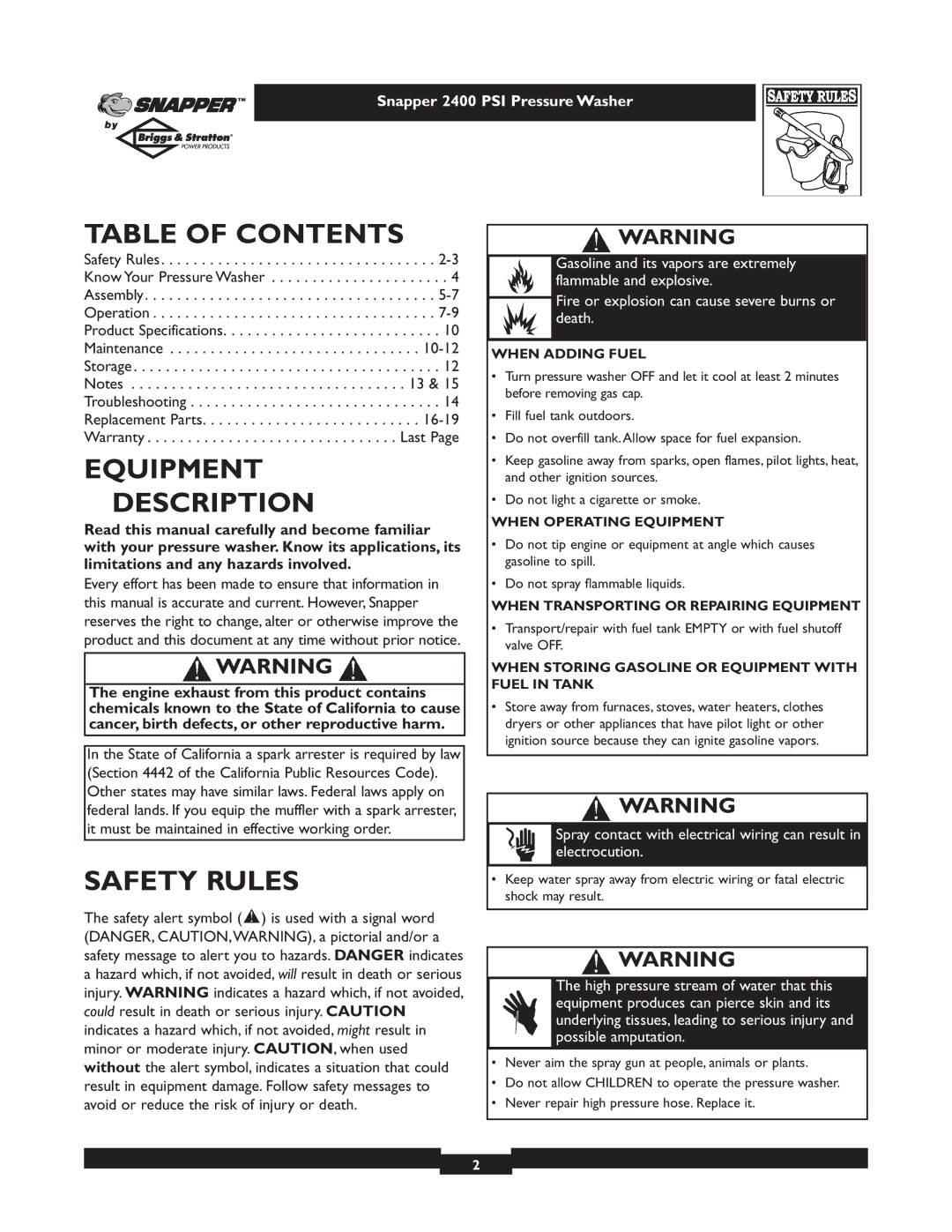 Snapper 1660-0 owner manual Table of Contents, Equipment Description, Safety Rules 