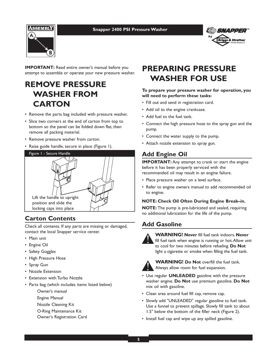 Snapper 1660-0 Remove Pressure Washer from Carton, Washer for USE, Add Engine Oil, Carton Contents, Add Gasoline 