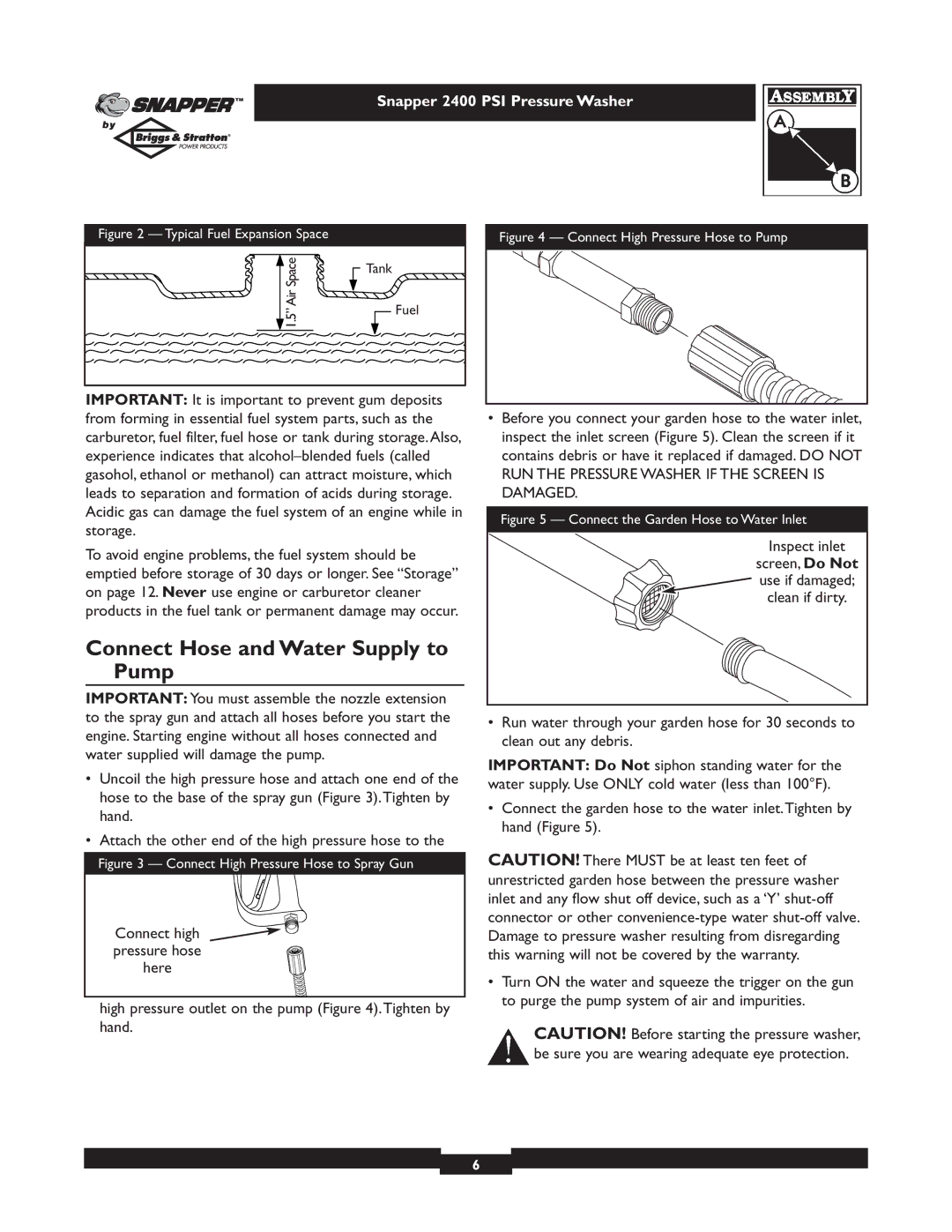 Snapper 1660-0 owner manual Connect Hose and Water Supply to Pump, Typical Fuel Expansion Space 