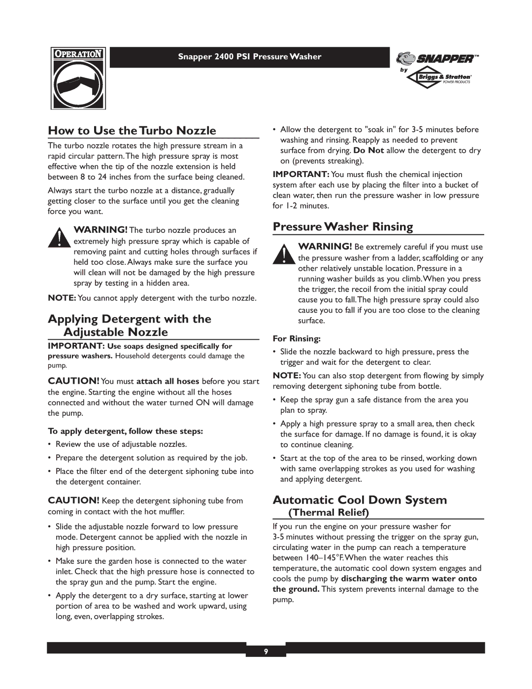 Snapper 1660-0 How to Use the Turbo Nozzle, Applying Detergent with the Adjustable Nozzle, Pressure Washer Rinsing 