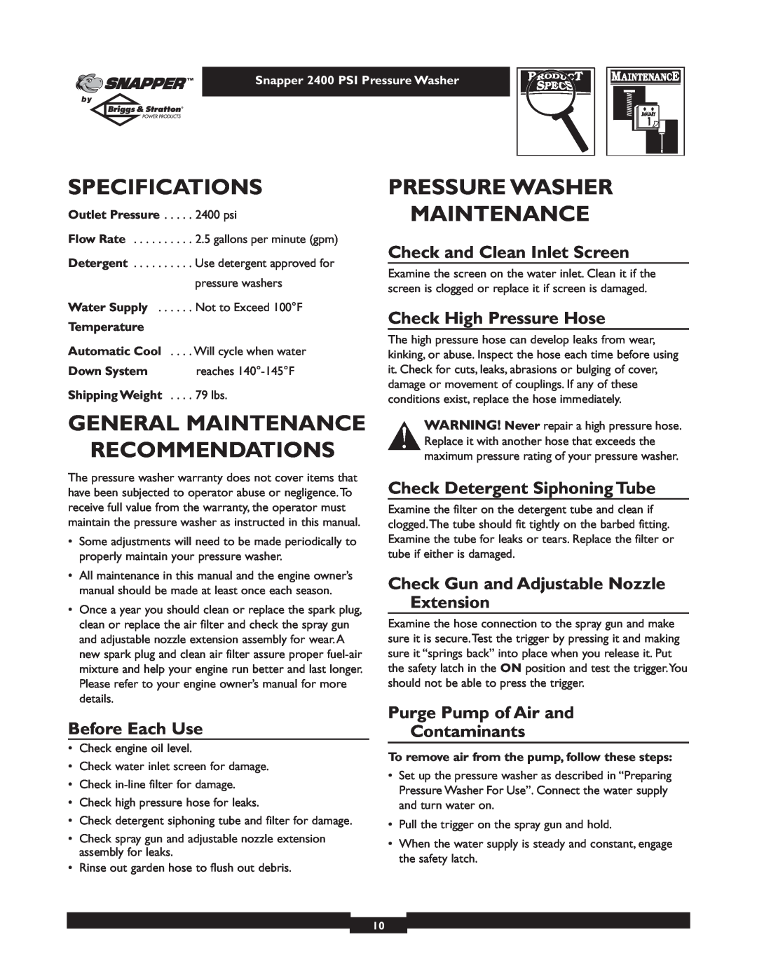 Snapper 1660-0 Specifications, General Maintenance Recommendations, Pressure Washer Maintenance, Check High Pressure Hose 